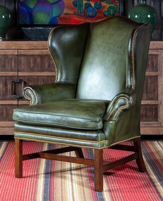 Wingback Chair Olive Leather H Stretcher Base Seating