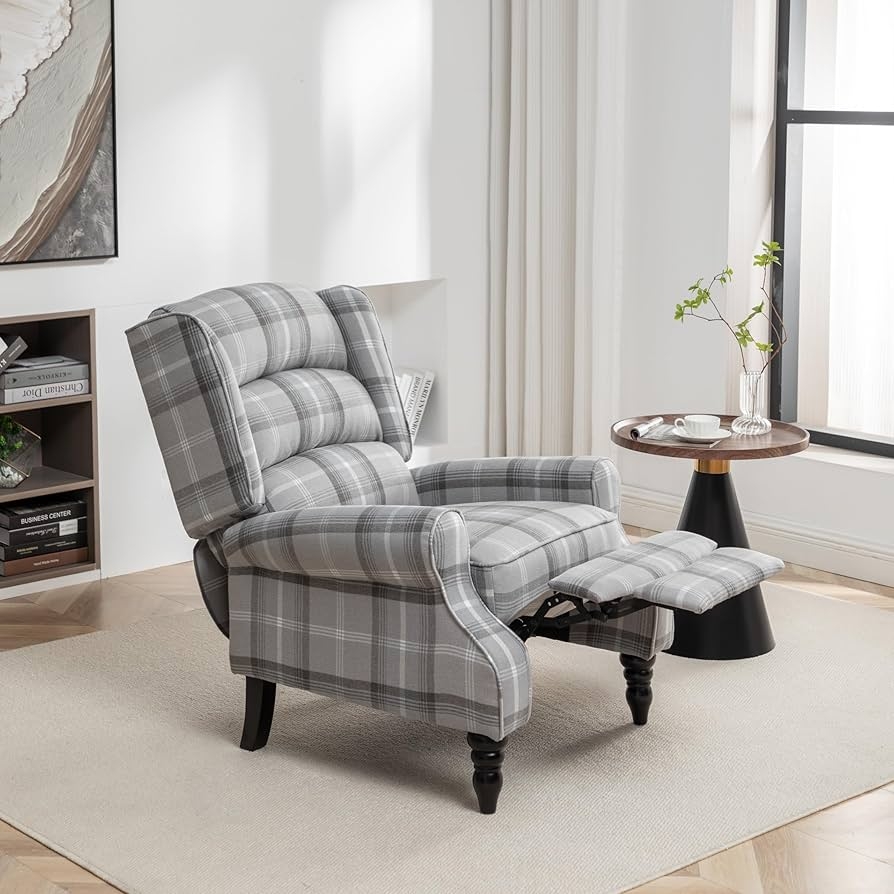 Wingback Recliner in Grey Plaid with Tiered Back