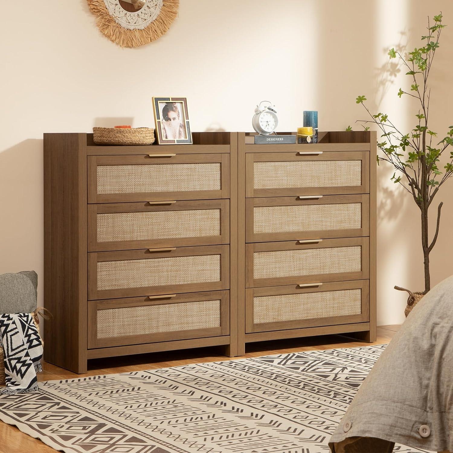 Wood Dresser Rattan Drawer Fronts Side By Side Walnut Chest