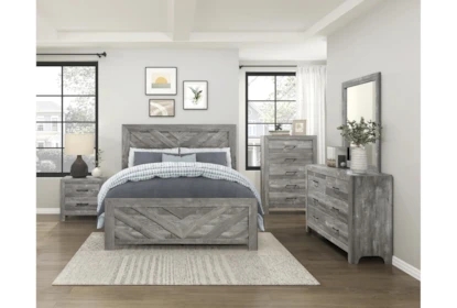 Wood Panel Bed Chevron Headboard Weathered Grey Set