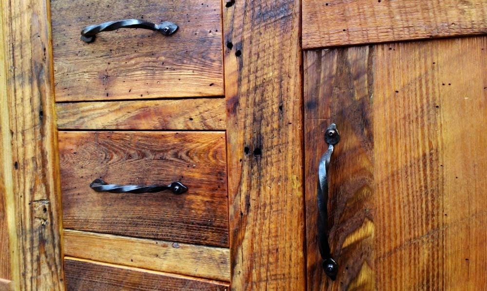 Wood Vanity Rustic Cabinetry with Twisted Hardware and Panel Fronts