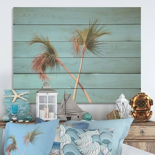 Wood Wall Art: Crossed Palm Trees Beach House Azure Wood Panel