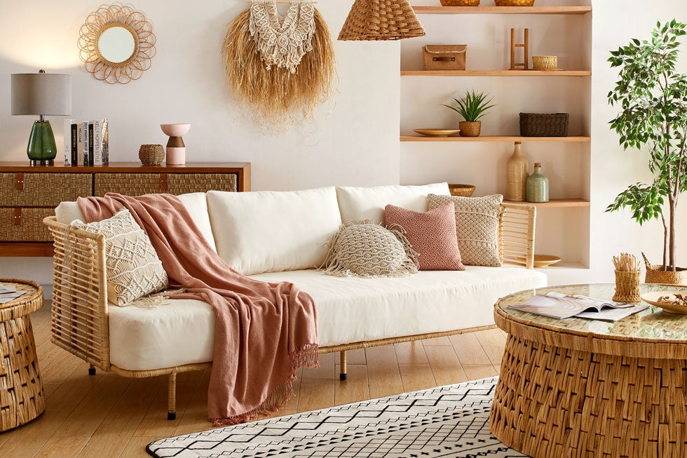 Woven Sofa Terracotta Accents Drum Style Woven Coffee Table