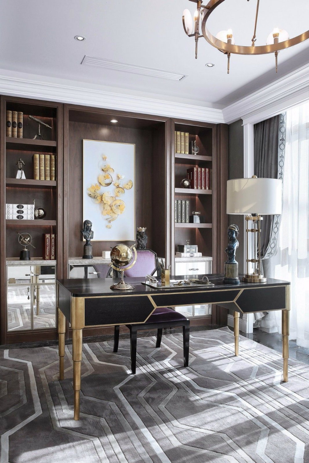Writing Desk with Gold Inlay and Mirrored Cabinet Doors