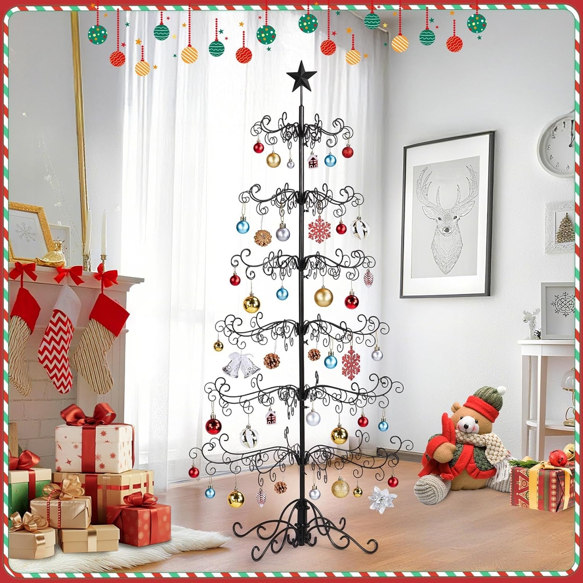 Wrought Iron Ornament Display Tree With Star Topper Frame