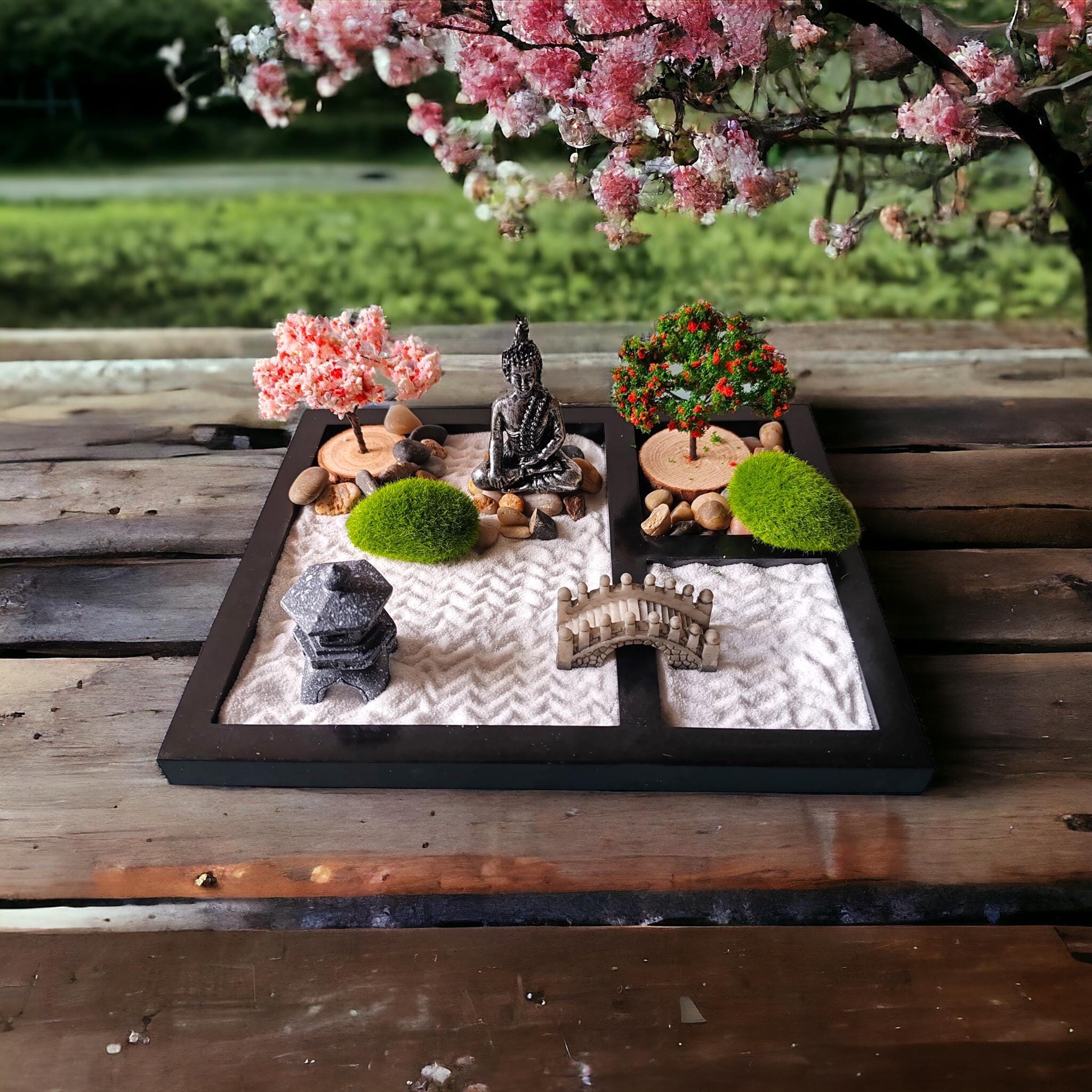 Zen Garden Buddha Figurine Raked Sand Cherry Blossom Set