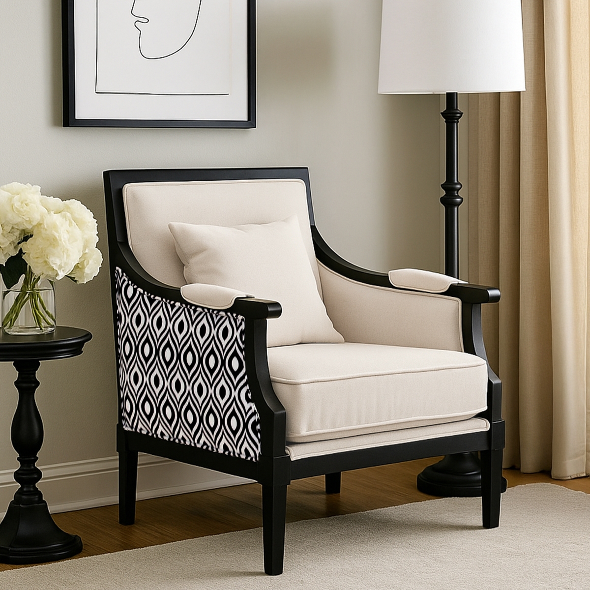 Accent Armchair Geometric Patterned Sides Mahogany Wood Frame