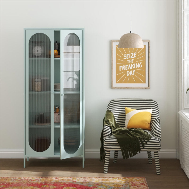 Accent Cabinet in Tall Mint with Arched Fluted Glass