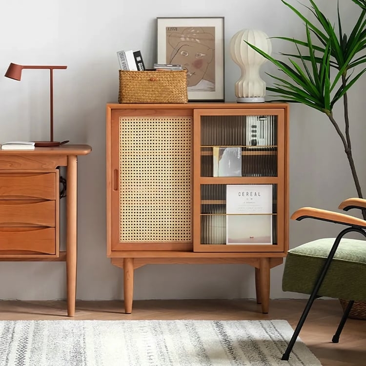 Accent Cabinet: Rattan Webbing and Fluted Glass Sideboard