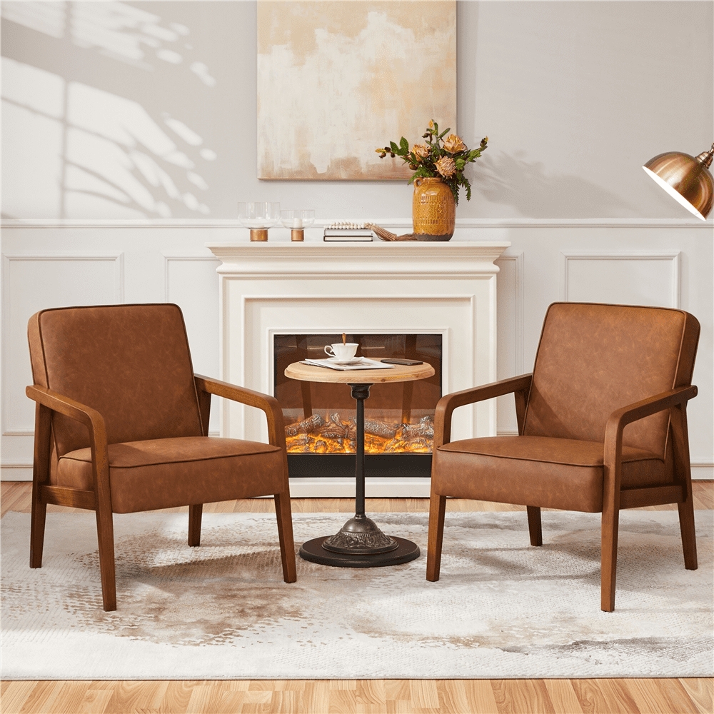 Accent Chair Angled Arms light brown faux leather seat