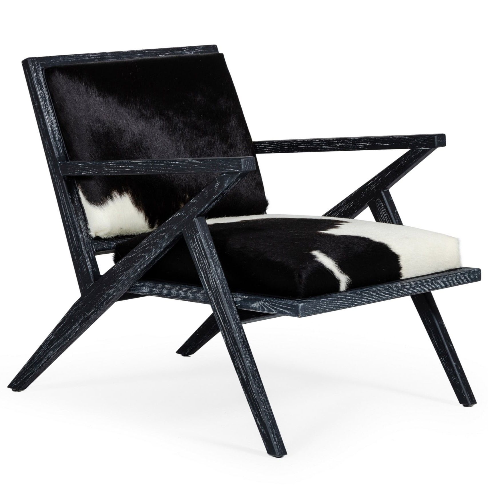 Accent Chair Cowhide Upholstery Z-Shaped Arms Ebony Wood Grain