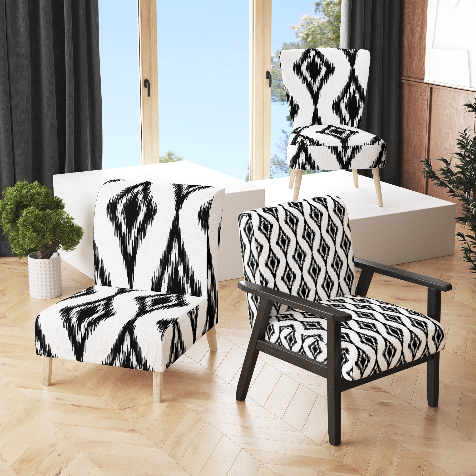Accent Chair Ethnic Ikat Print Tapered Legs Modern Global Style