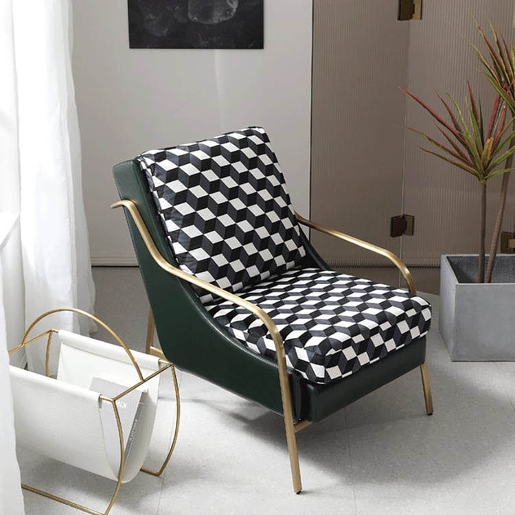 Accent Chair Forest Green Frame Isometric Cube Cushions Gold