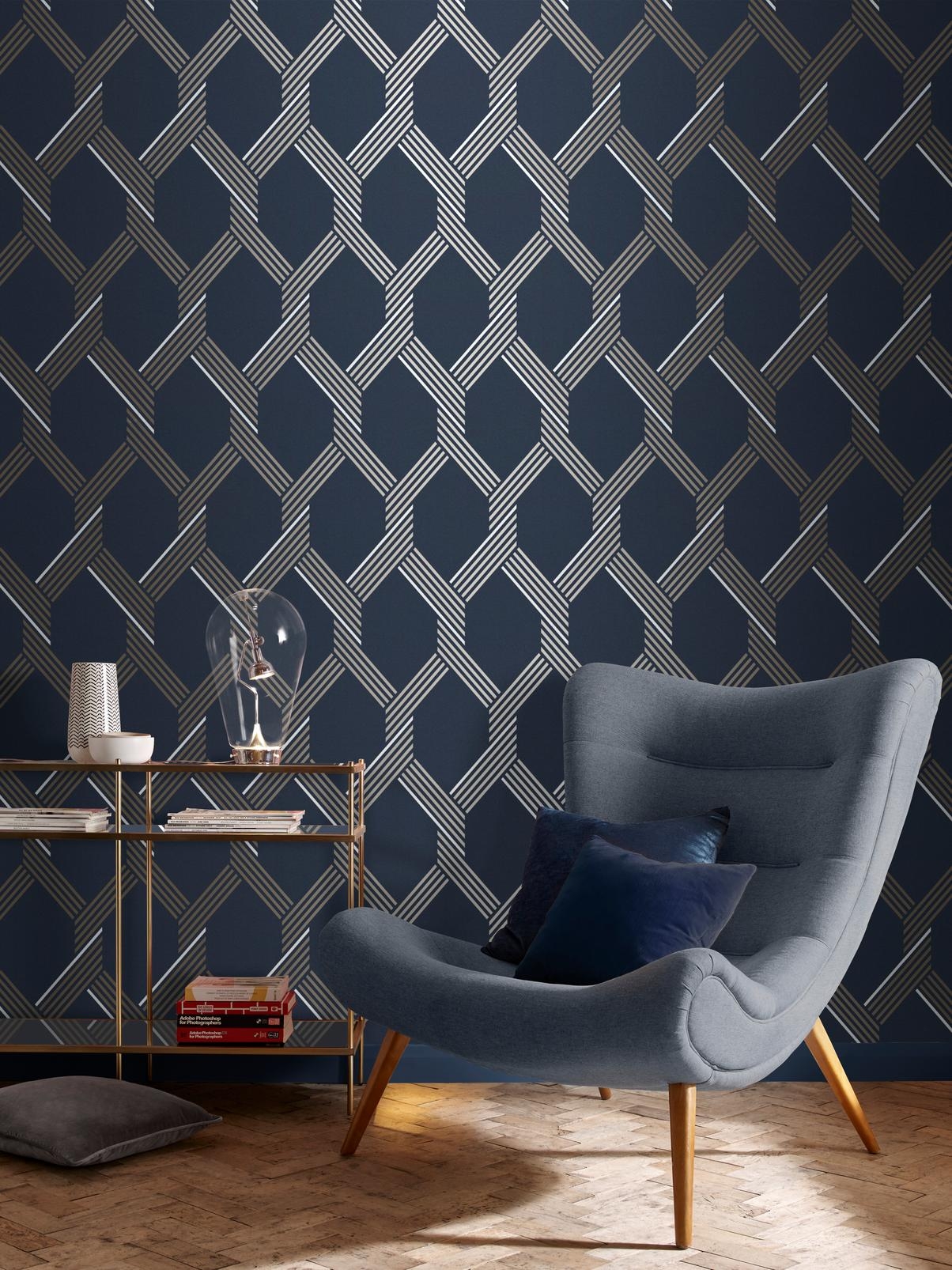 Accent Chair Geometric Trellis Navy Blue Living Room