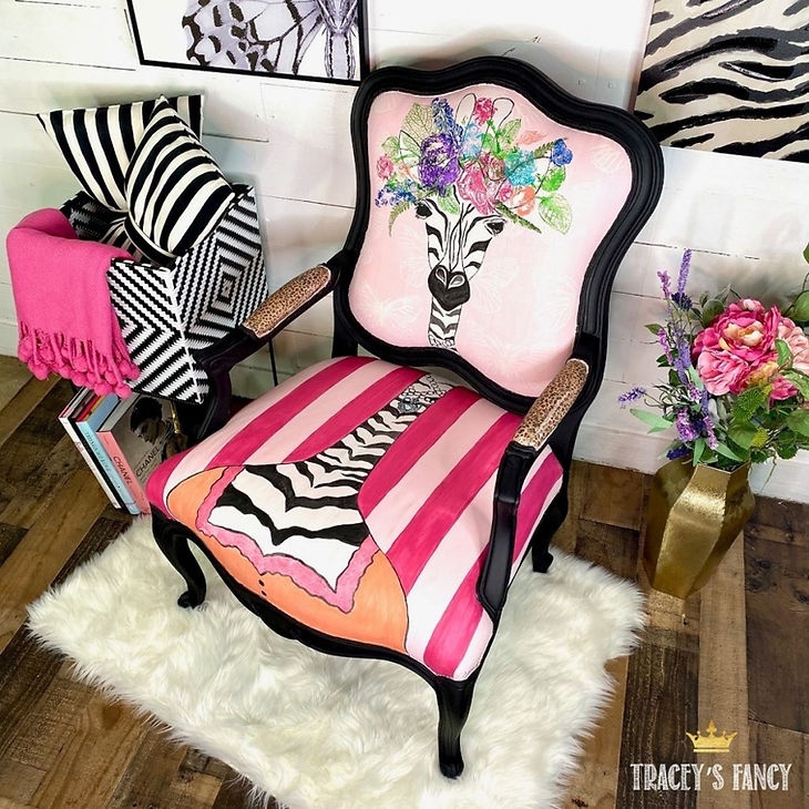 Accent Chair Hand Painted Zebra Motif Hot Pink Stripes