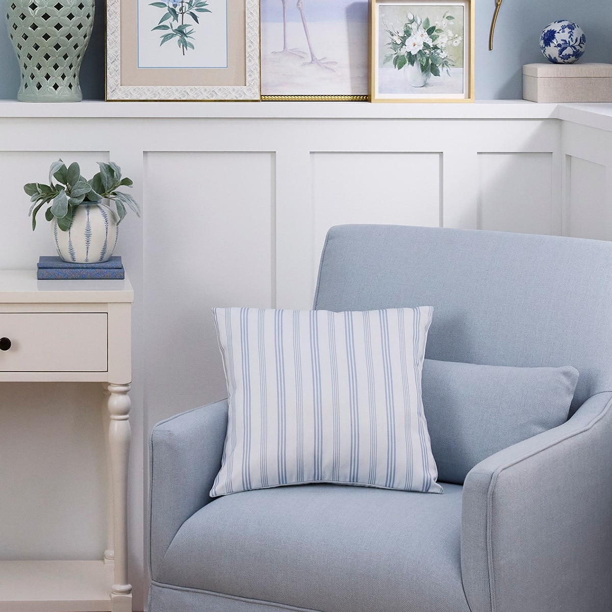 Accent Chair in Sky Blue with Ticking Stripe Pillow