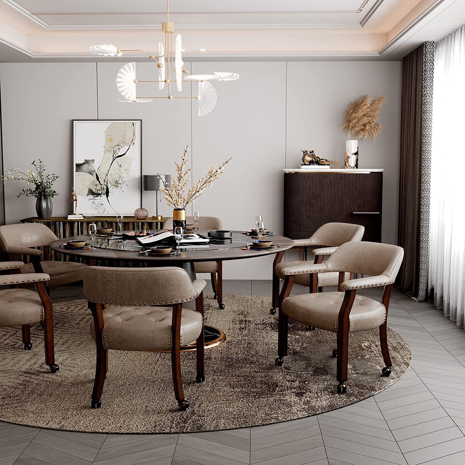 Accent Chair: Light Wheat Captain Chairs with Cherry Casters
