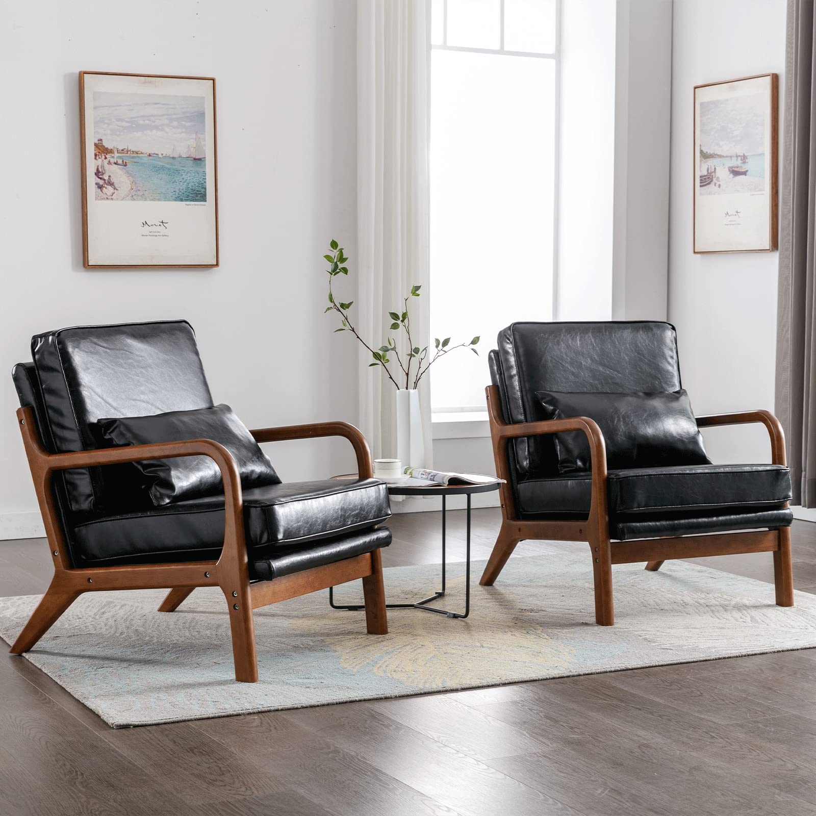 Accent Chair Lumbar Pillow set of 2 black leather seats