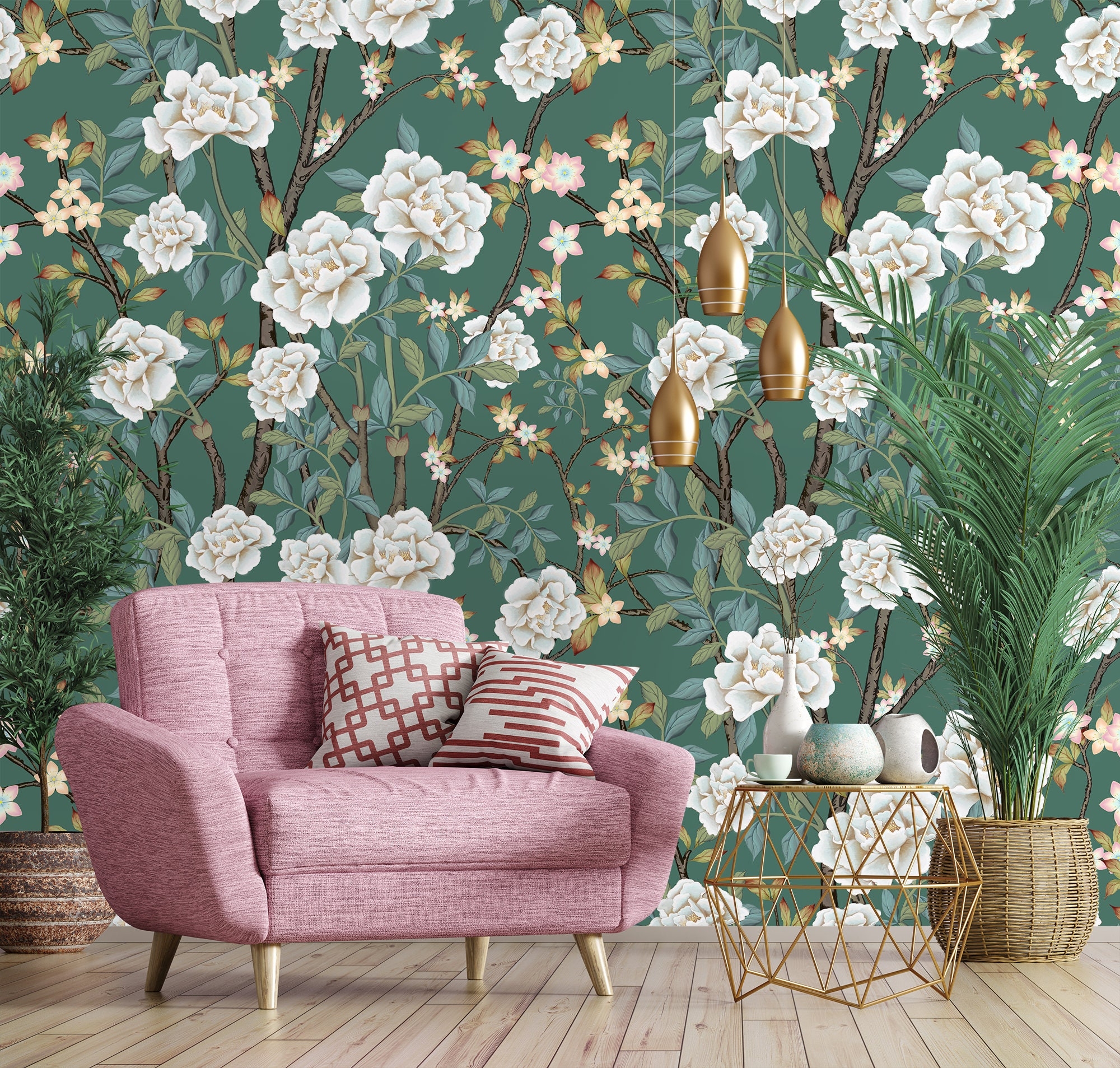 Accent Chair: Pink and Green Palette Floral Backdrop Decor