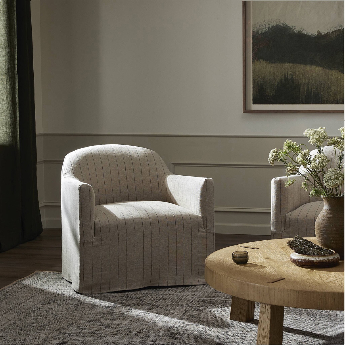 Accent Chair Pinstripe Skirted Barrel Seating