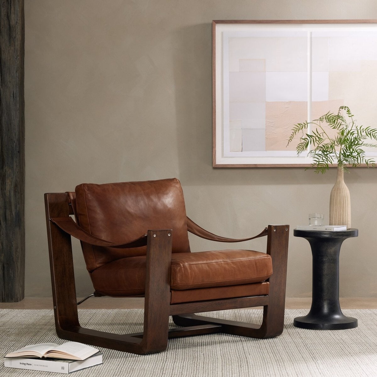 Accent Chair Rivet Detailing cognac leather sling chair