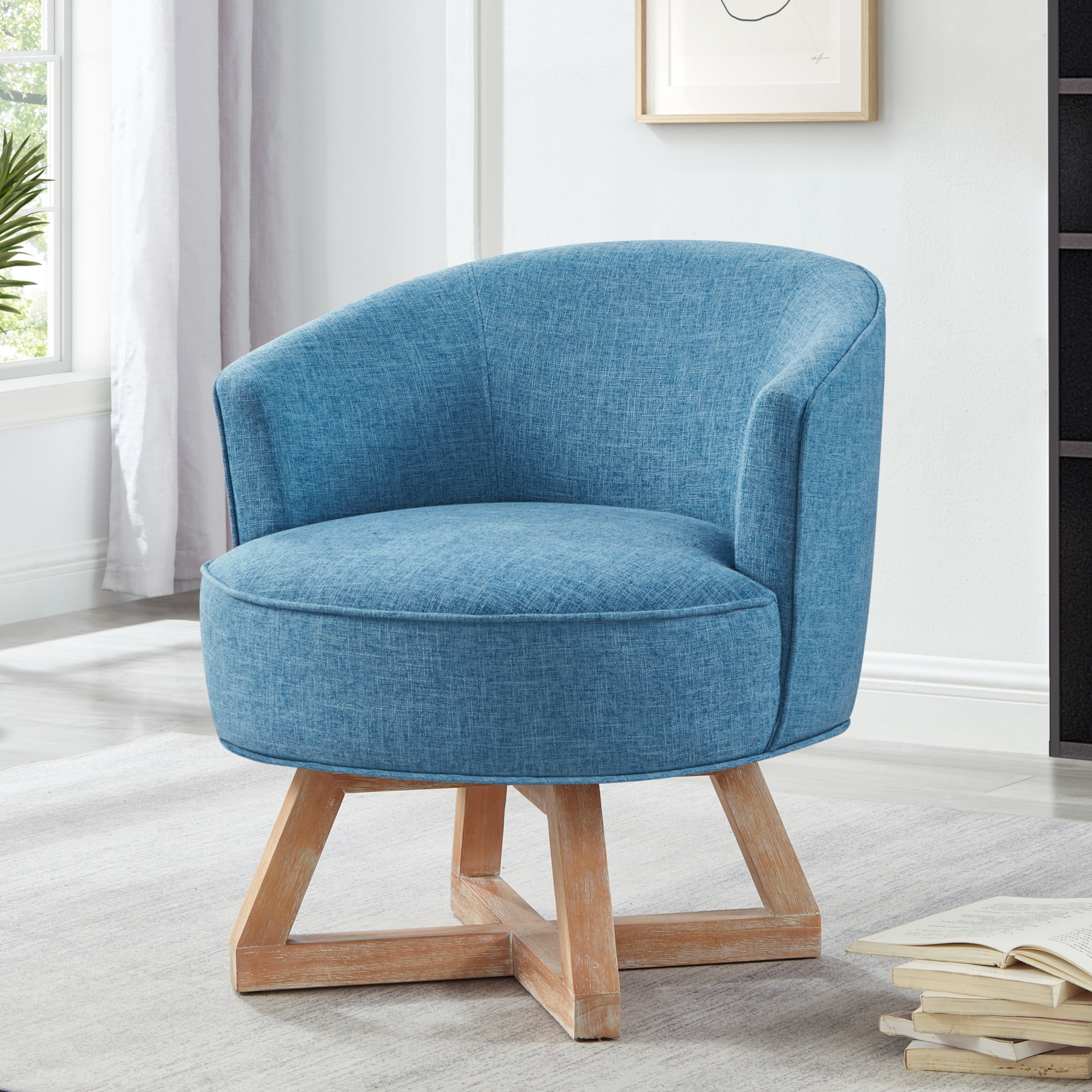 Accent Chair with Light Blue Linen Cross Shaped Legs