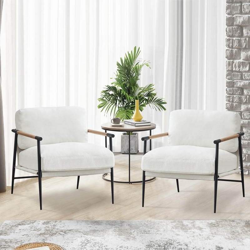 Accent Chair Wood Capped Arms Slim Metal Frame Chenille Seat