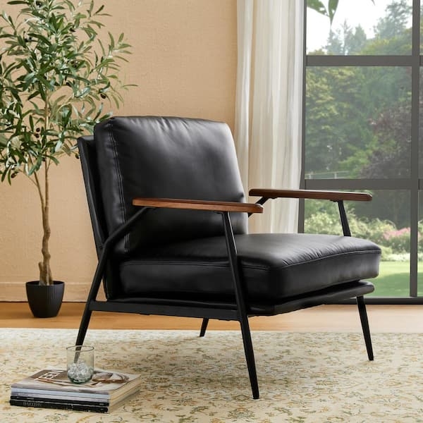 Accent Chair Wood Topped Arms black metal frame seating