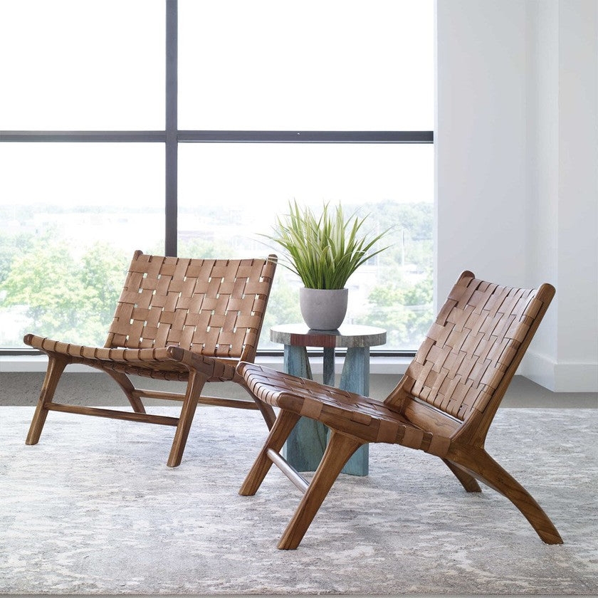 Accent Chair Woven Leather Straps low profile sling seat