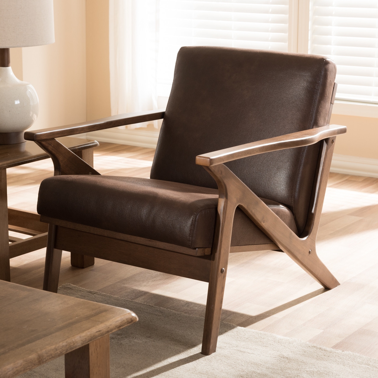 Accent Chair Z Shaped Arms walnut wood brown lounge chair