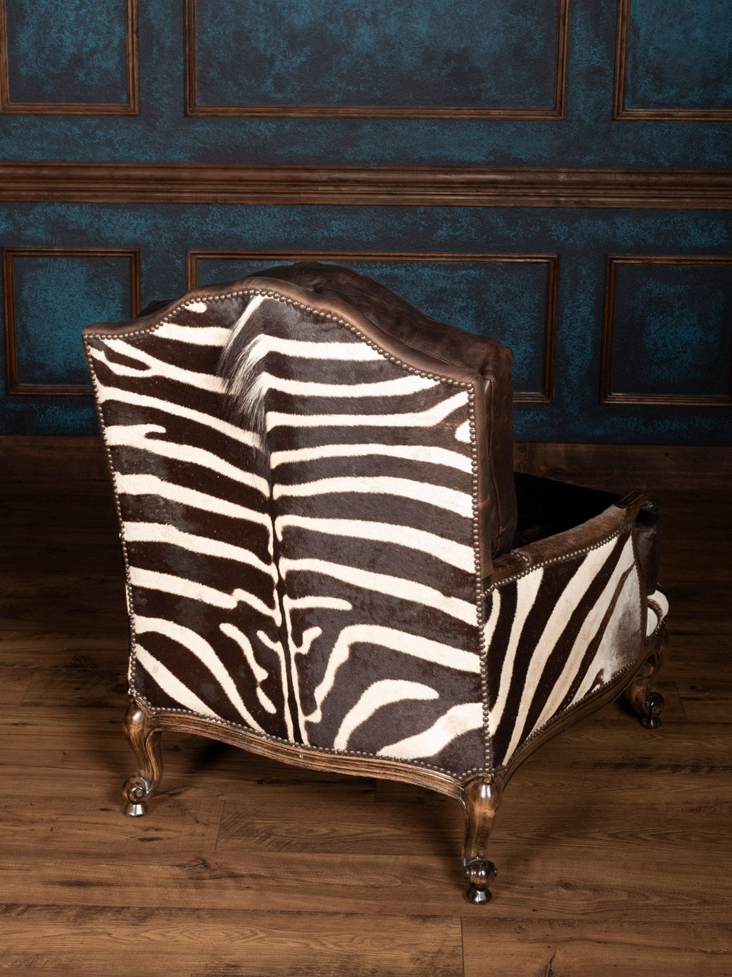 Accent Chair Zebra Hide Back Studded Leather Luxury Seating
