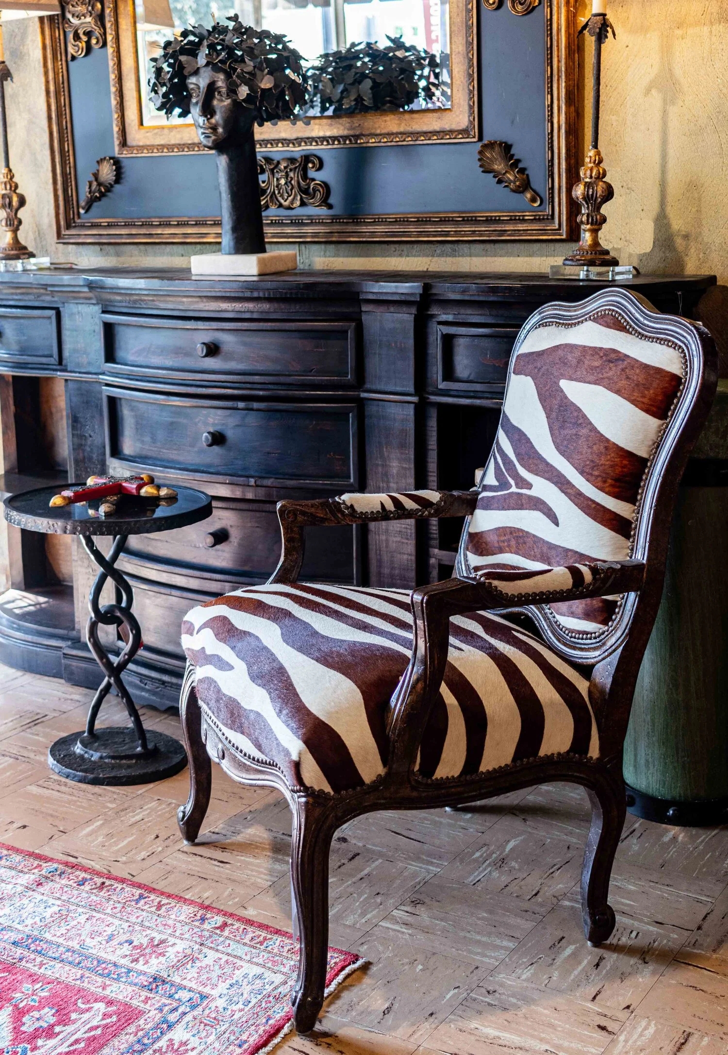 Accent Chair Zebra Stripe Pattern Ornate Carved Wood Frame