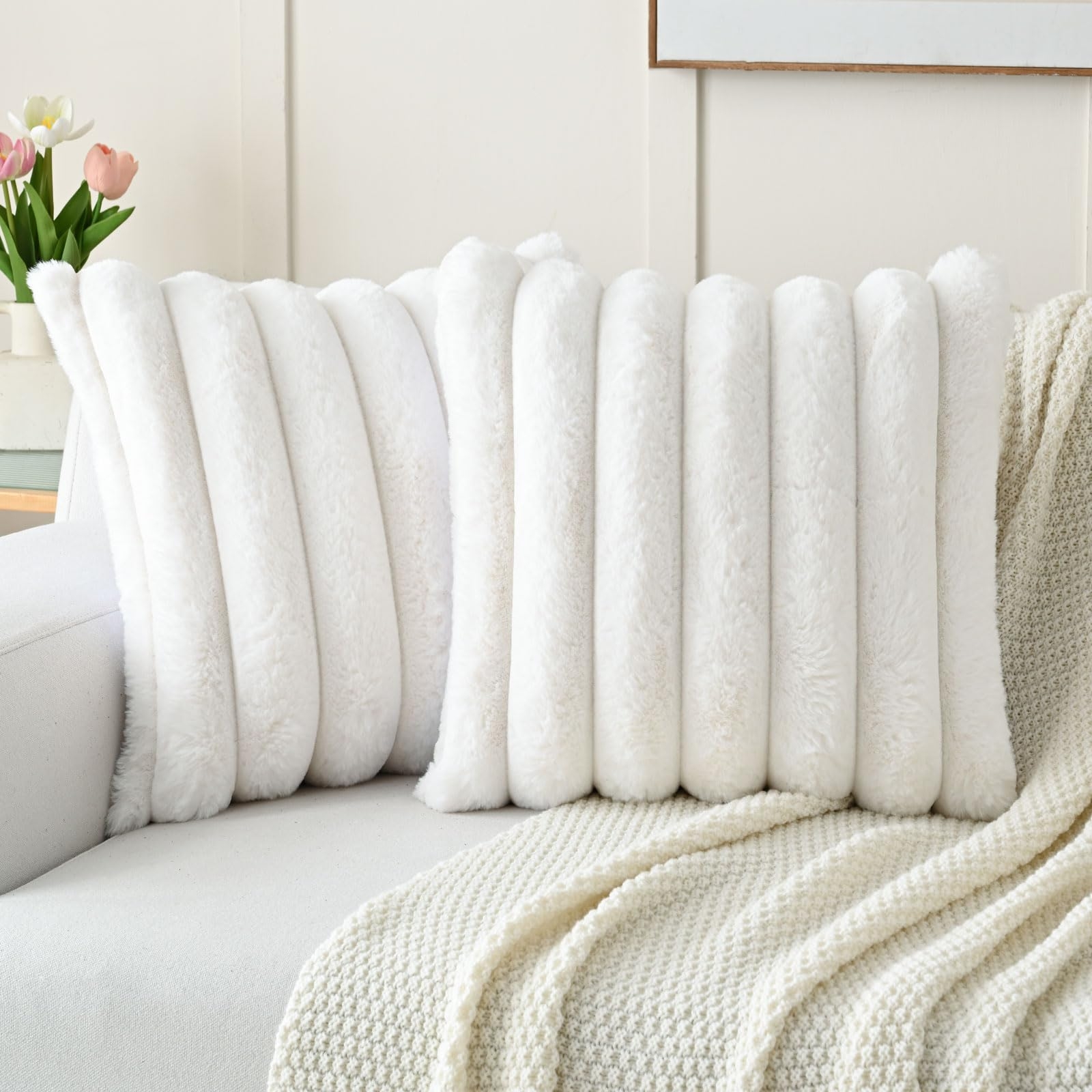 Accent Pillow Channel Tufted White Faux Fur Ribbed