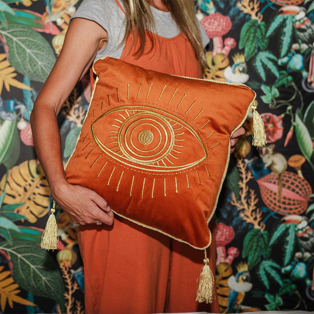 Accent Pillow Eye Motif Corner Tassels Mystic Eye Decor