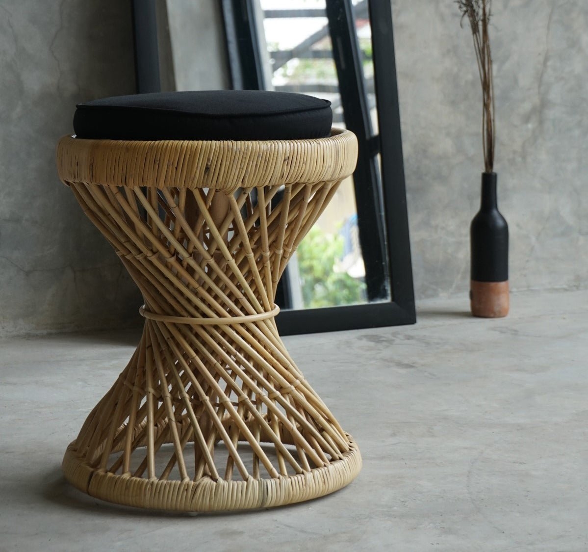 Accent Stool Hourglass Shape Diagonal Lattice Rattan
