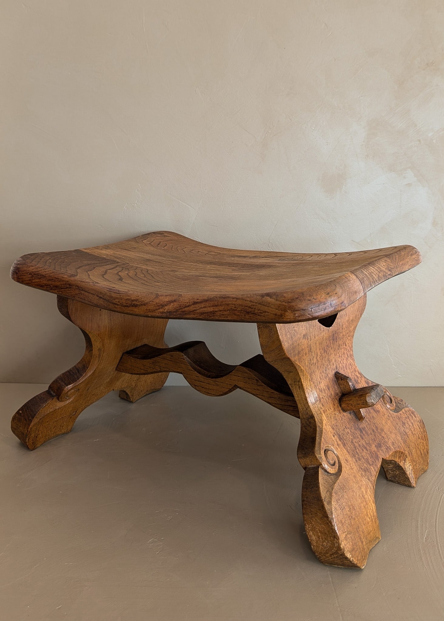 Accent Stool: Scroll Detailing Warm Oak Hand-Carved Oak Stool
