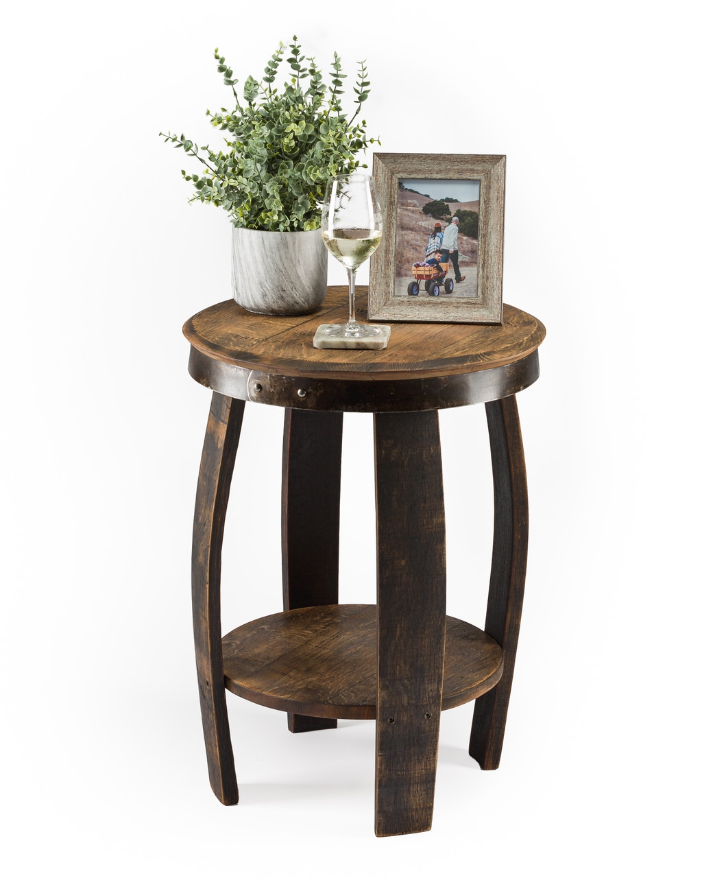 Accent Table featuring Barrel Stave Base and Circular Wood Shelf