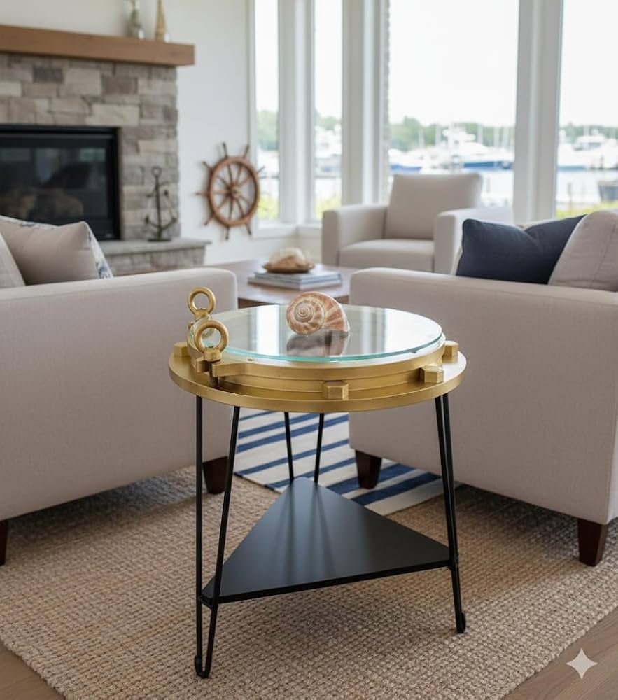 Accent Table: Gold Nautical Furniture with Glass Porthole Top