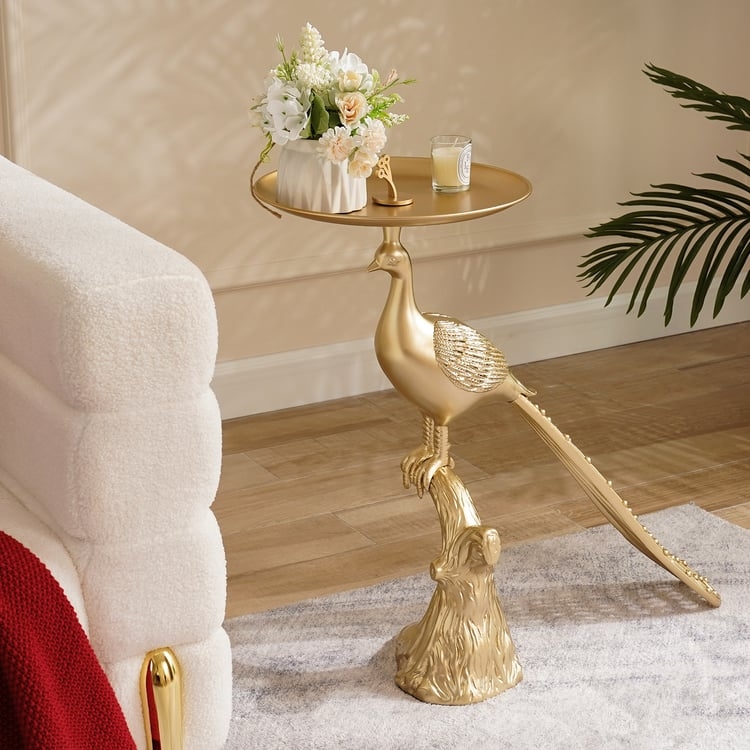 Accent Table Gold Peacock Sculpture Figural Pedestal
