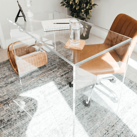 Acrylic Desk with Waterfall Edge and Caramel Brown Seat