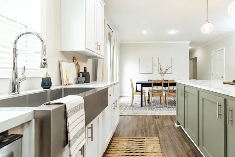 Apron Front Sink: Two Tone Sage Green Farmhouse Kitchen