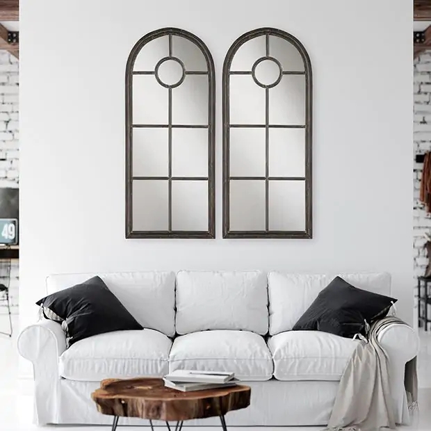 Arched Mirror: Circular Motif Black Cathedral Window Pane Pair