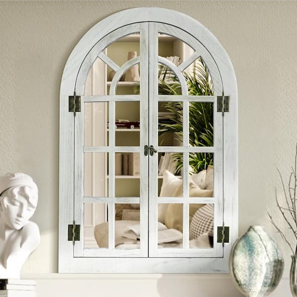 Arched Mirror: Hinged Doors Whitewashed Shutter Window Design