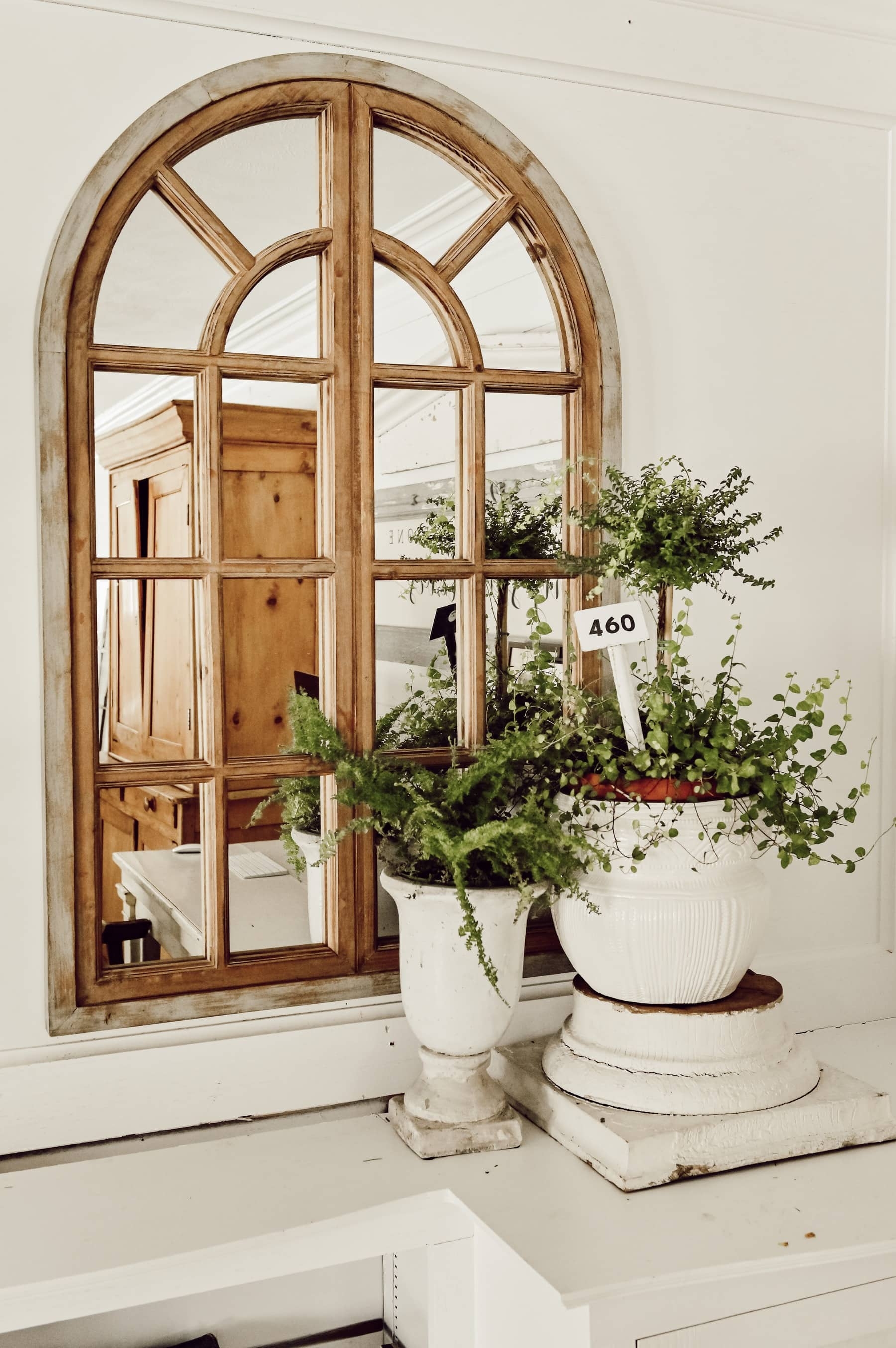 Arched Mirror: Twelve Pane Honey Brown Distressed Wood Decor