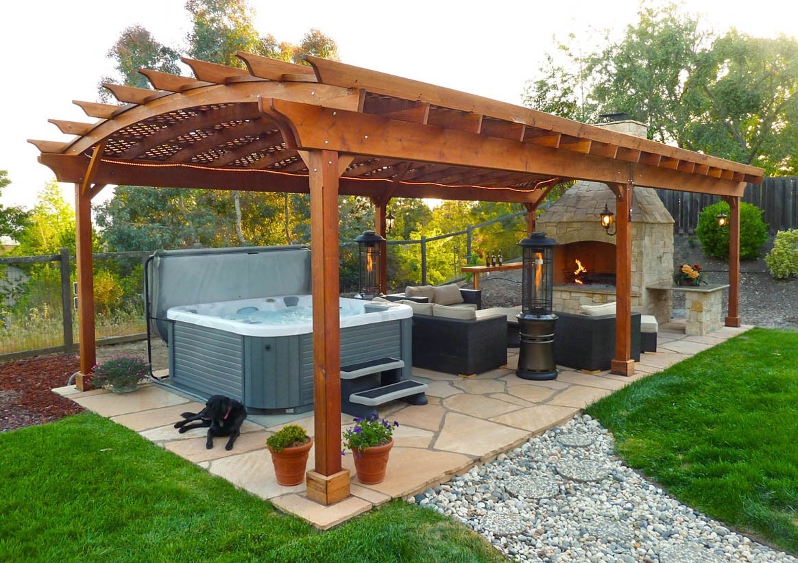 Arched Pergola with Lattice Canopy and Hot Tub Patio Design