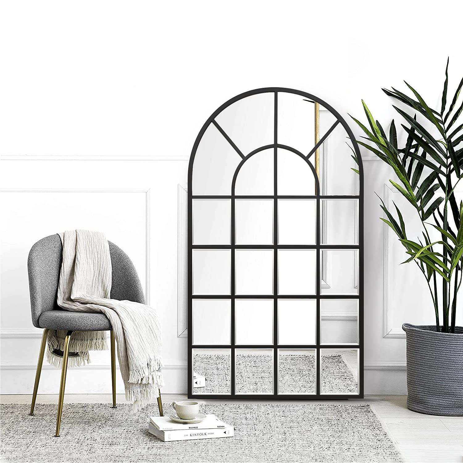 Arched Window Mirror: Matte Black Leaning Industrial Grid Decor