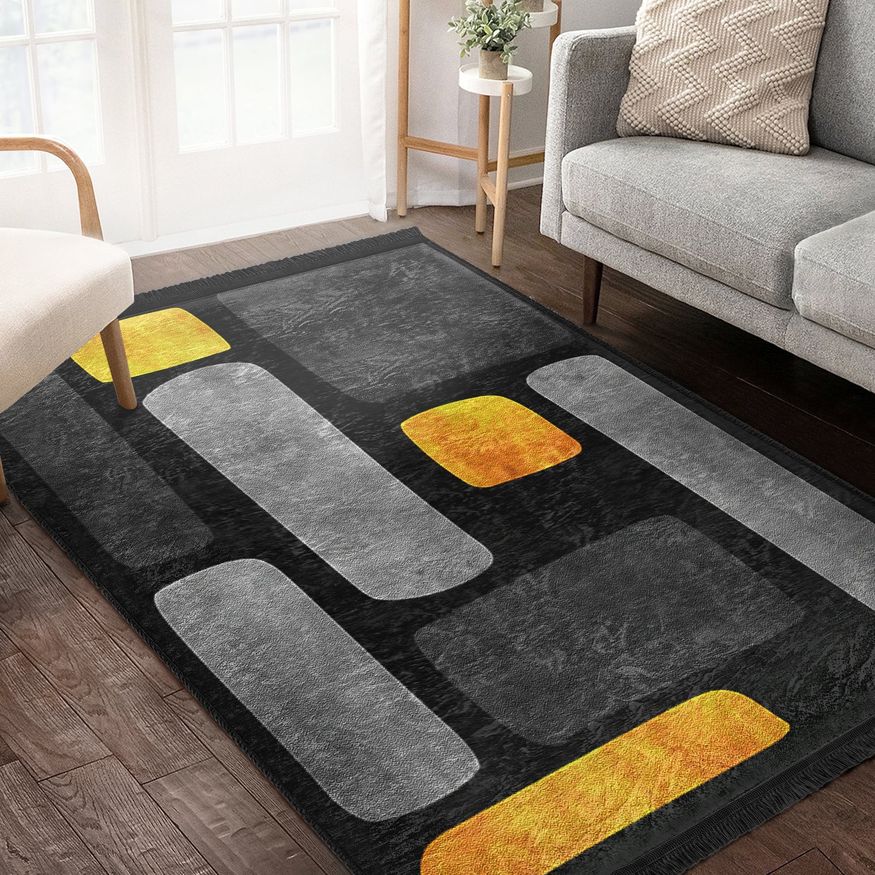 Area Rug Abstract Geometric Blocks with Fringed Ends