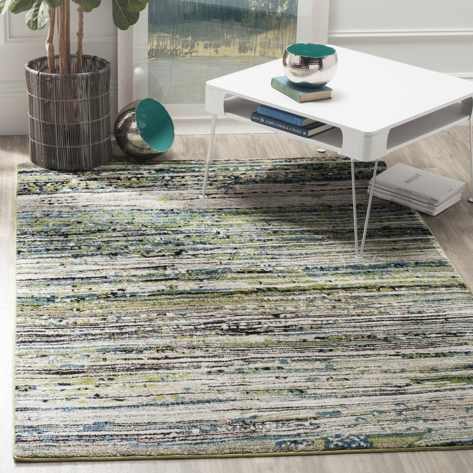 Area Rug Abstract Linear Pattern Low Pile Teal and Cream