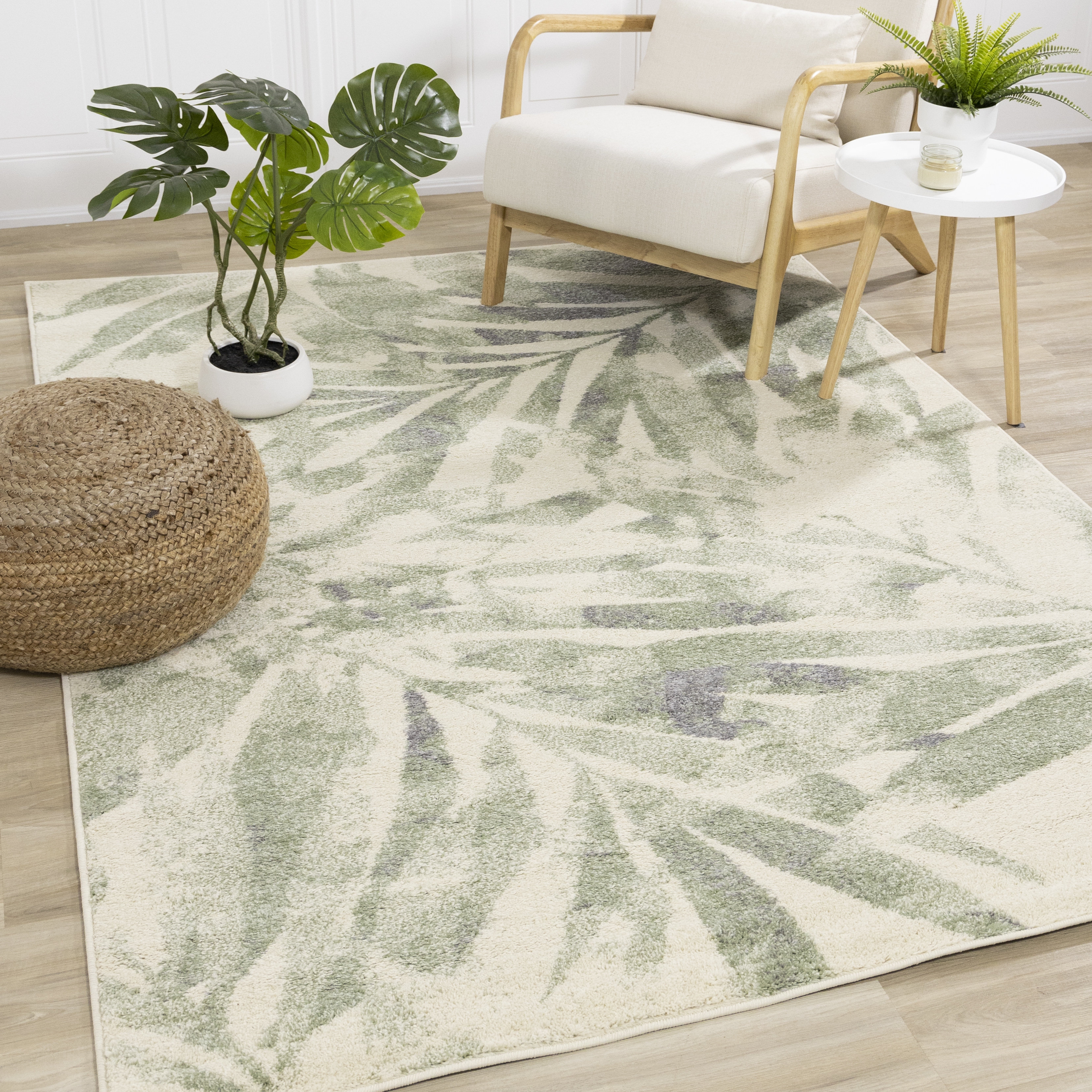 Area Rug Biophilic Botanical Print Tropical Leaf Sage Cream