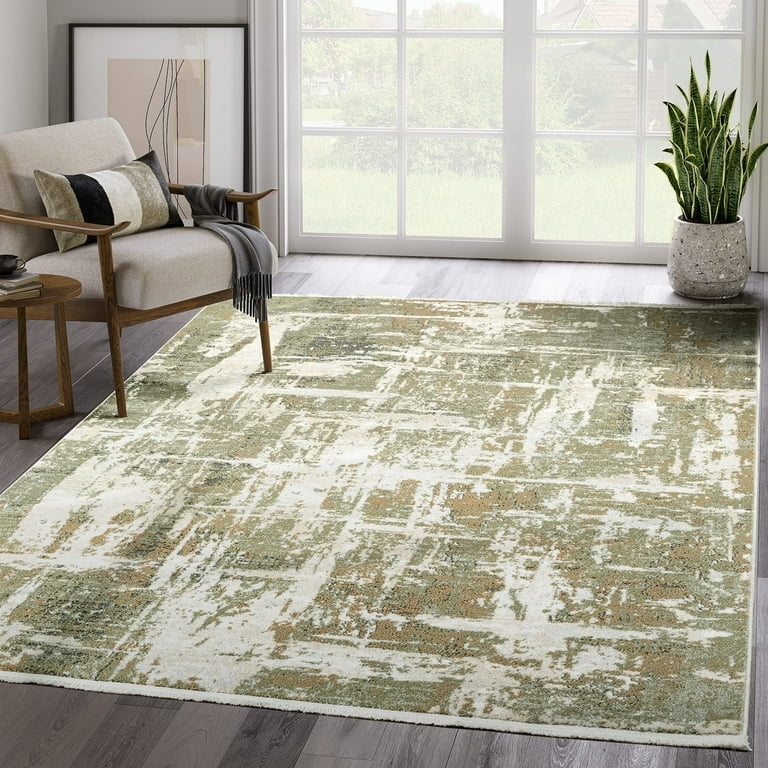 Area Rug Contemporary Distressed Streaks Weathered Green Cream
